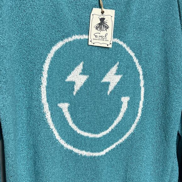 Easel Smiley Lightning Bolt Blue Sweater Women’s Small Lightweight Knit - Picture 8 of 10